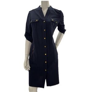 Zac & Rachel Utility Shirt Dress Black Gold Button Roll Tab Sleeves Size Medium
